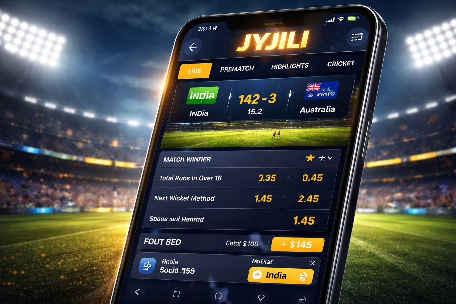 JYJILI sports betting — live cricket odds interface on mobile phone